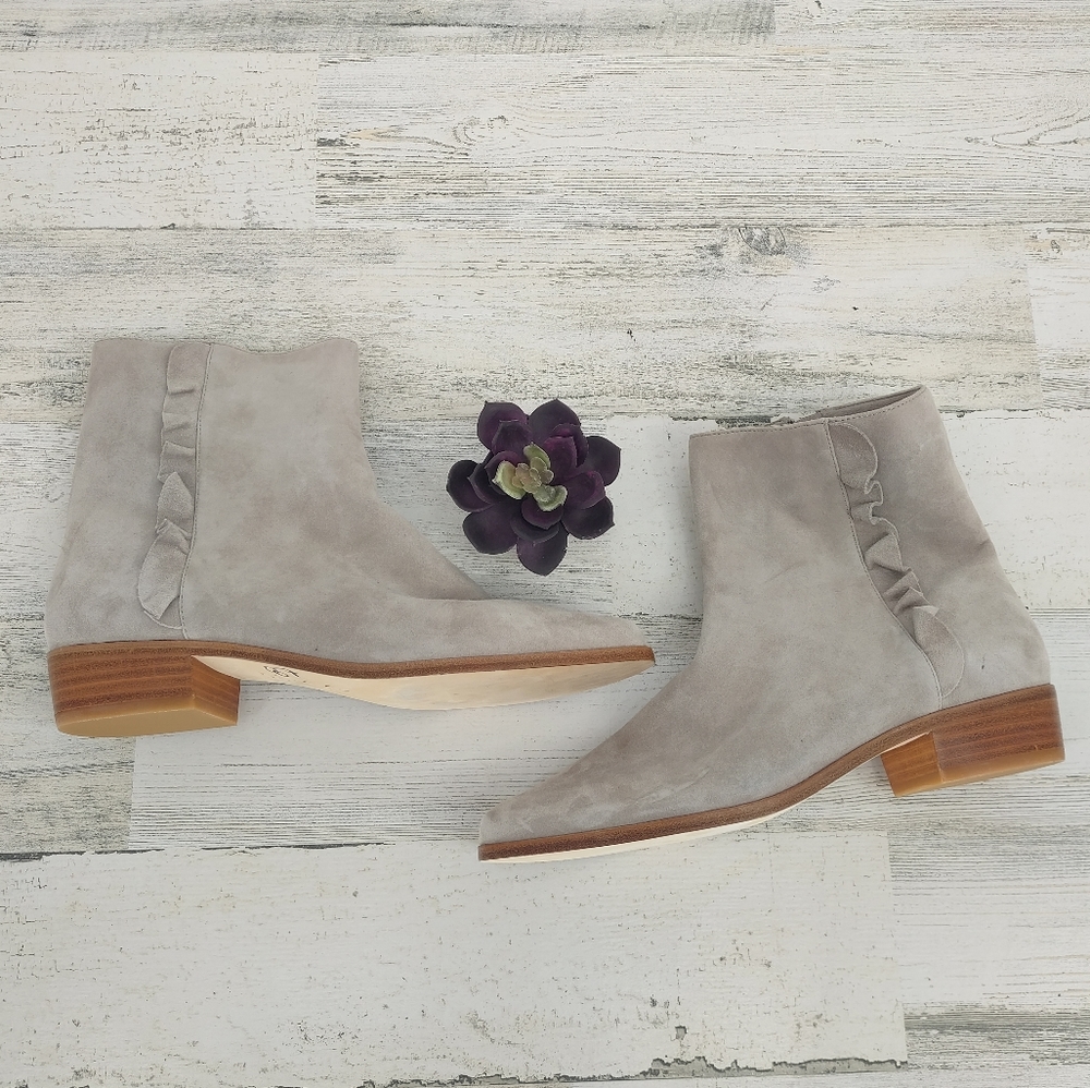 Joie NEW Light Grey Suede Ruffle Booties Zip Up Sides Slip On
